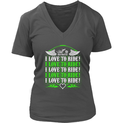 NEON GREEN I Love To Ride Women’s V-Neck Tee