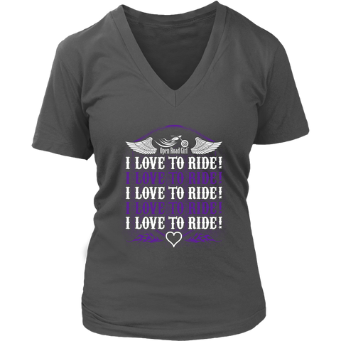 PURPLE I Love To Ride Women’s V-Neck Tee