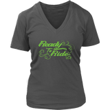GREEN READY TO RIDE WITH SWIRLS WOMEN'S VNECK TEE