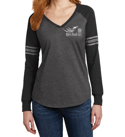 Open Road Girl Long Sleeve V-neck Shirt with Stripe on Sleeve, 2 Colors