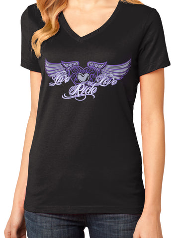 Live/Love/Ride Wing Ladies V-neck Tee, 4 Colors