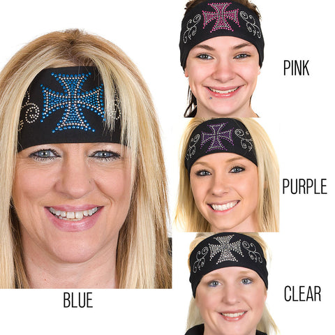 Tie-back Stretchy Rhinestone Bandana Maltese Biker Cross Design, 4 Colors