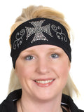Tie-back Stretchy Rhinestone Bandana White Maltese Biker Cross Design, 4 Colors