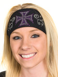 Tie-back Stretchy Rhinestone Bandana Purple Maltese Biker Cross Design, 4 Colors