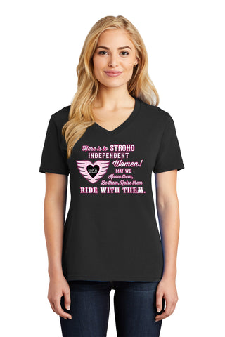 Pink/White Here is to Strong Independent Women Ladies Vneck Tee, 8 COLORS