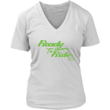 GREEN READY TO RIDE WOMEN'S VNECK TEE