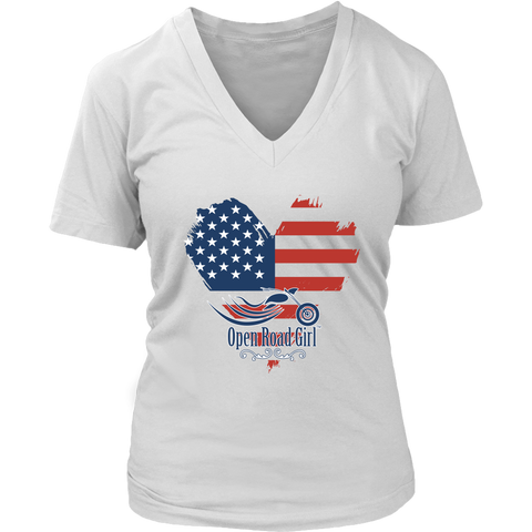 Patriotic Open Road Girl Women's Vneck Neck Tee, 3 COLORS