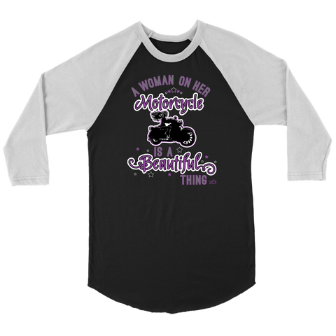 PURPLE A Woman on her Motorcycle is a Beautiful Thing 3/4 Sleeve Tee