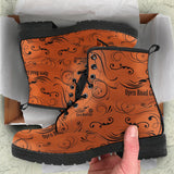 BLACK/BURNT SCATTER DESIGN ORANGE OPEN ROAD GIRL PU LEATHER BOOTS, 2 COLORS