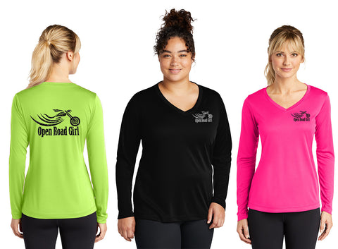 Open Road Girl Long Sleeve Vneck Wicking Tees, 4 COLORS