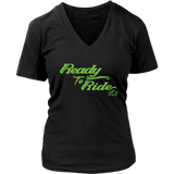 GREEN READY TO RIDE WOMEN'S VNECK TEE