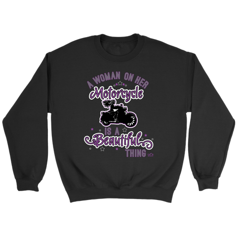 PURPLE A Woman on her Motorcycle is a Beautiful Thing UNISEX Crewneck Sweatshirt
