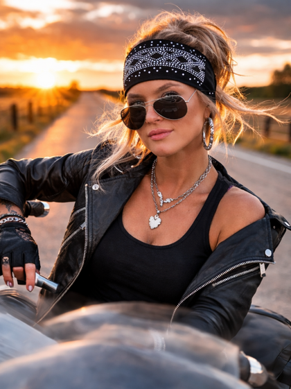 Woman wearing rhinestone motorcycle headwrap – tie-back biker bandana by Open Road Girl