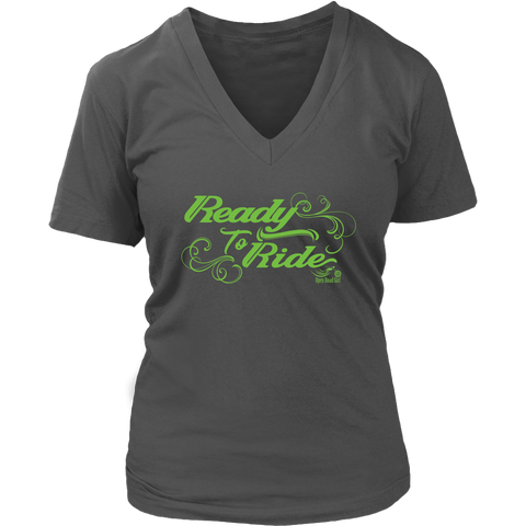 GREEN READY TO RIDE WITH SWIRLS WOMEN'S VNECK TEE