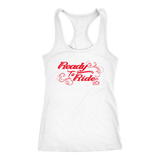 RED READY TO RIDE WITH SWIRLS RACERBACK TANK TOP