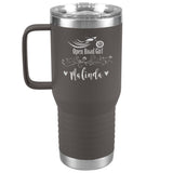 CUSTOM ENGRAVED OPEN ROAD GIRL WITH HEARTS (20 OUNCES) TRAVEL MUG WITH HANDLE, 16 COLORS