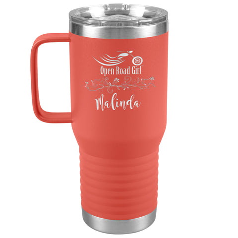 CUSTOM ENGRAVED OPEN ROAD GIRL NO HEARTS (20 OUNCES) TRAVEL MUG WITH HANDLE, 16 COLORS