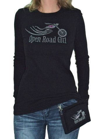 Long Sleeve Open Road Girl Rhinestone Thermal Shirt