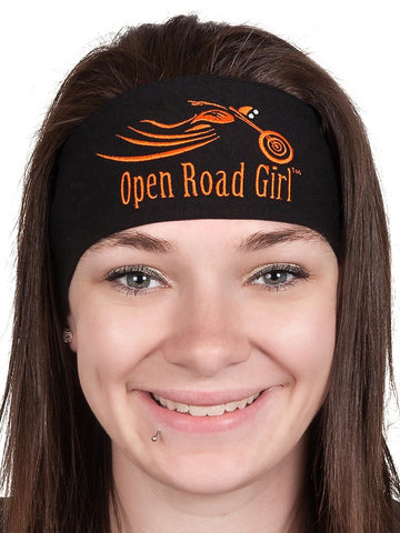 Tie-back Stretchy Embroidered Bandana Orange Open Road Girl  Design, 2 Colors