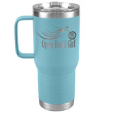 OPEN ROAD GIRL, NO SWIRLS (20 OUNCES) TRAVEL MUG WITH HANDLE, 16 COLORS