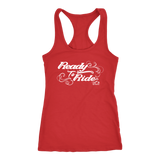 WHITE READY TO RIDE WITH SWIRLS RACERBACK TANK TOP