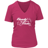 WHITE READY TO RIDE WITH SWIRLS WOMEN'S VNECK TEE
