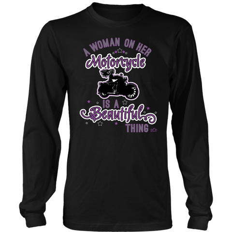 PURPLE A Woman on her Motorcycle is a Beautiful Thing Unisex Long Sleeve Tee