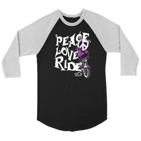 PURPLE PEACE LOVE RIDE UNISEX 3/4 RAGLAN SHIRT