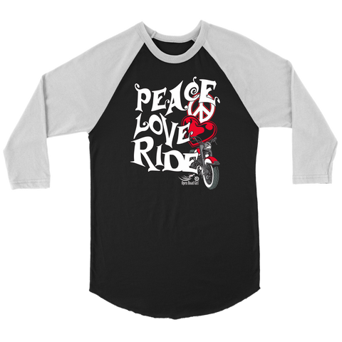 RED PEACE LOVE RIDE UNISEX 3/4 RAGLAN SHIRT