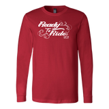 WHITE READY TO RIDE WITH SWIRLS UNISEX LONG SLEEVE TEE