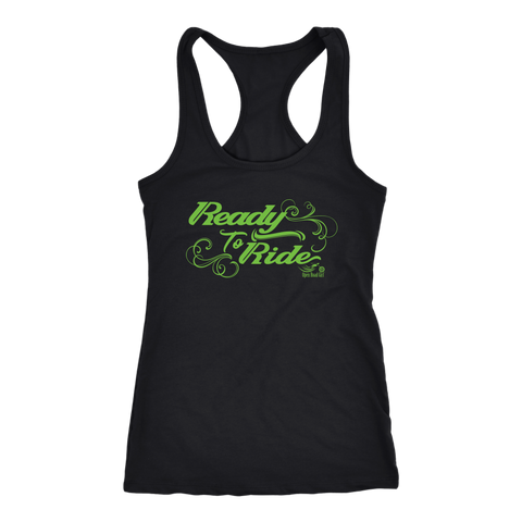 GREEN  READY TO RIDE WITH SWIRLS RACERBACK TANK TOP