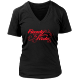 RED READY TO RIDE WITH SWIRLS WOMEN'S VNECK TEE