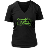 GREEN READY TO RIDE WITH SWIRLS WOMEN'S VNECK TEE