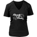 WHITE READY TO RIDE WITH SWIRLS WOMEN'S VNECK TEE